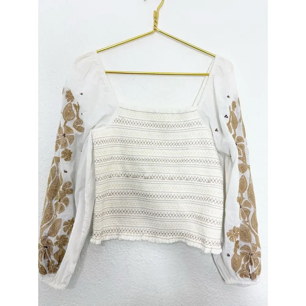 NWT Anthropologie Smocked Embroidered Top Size Small Cream Sequin Boho Chic